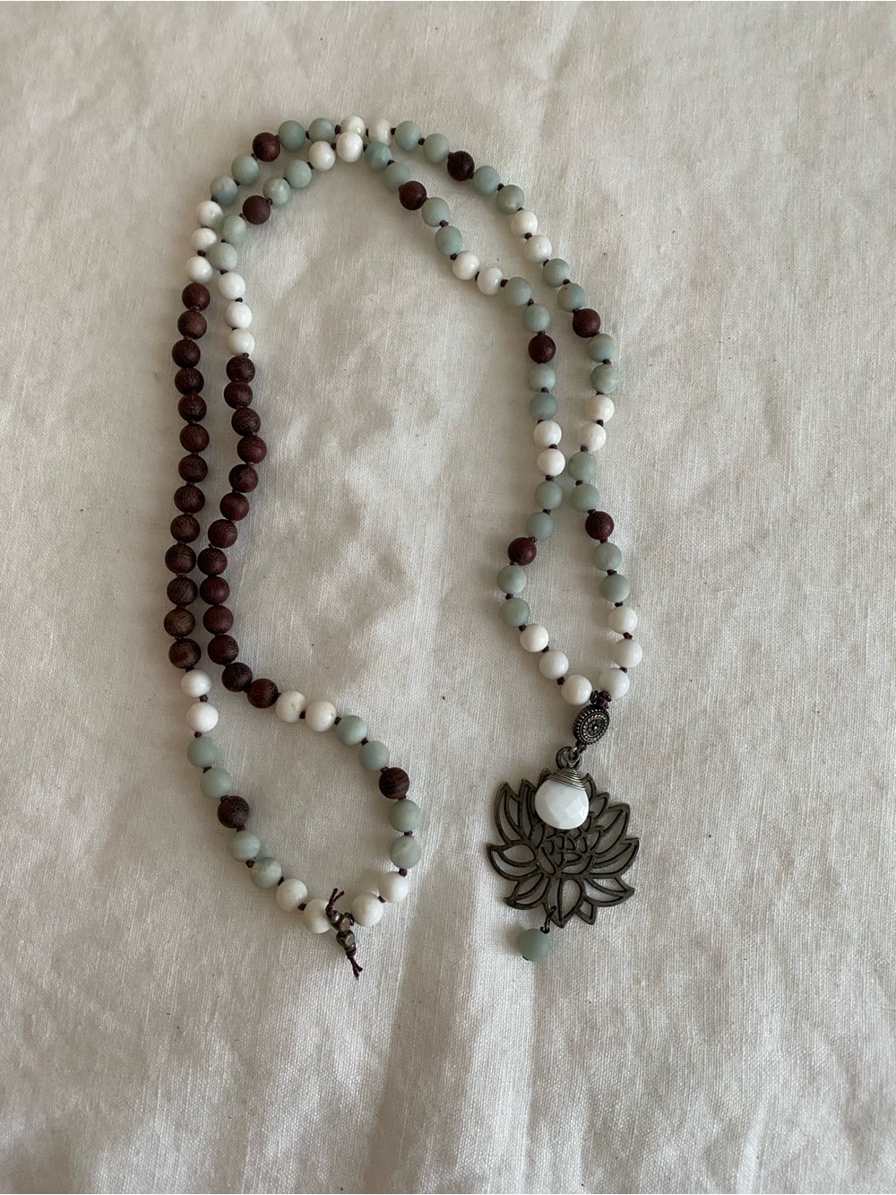 Amazonite and wooden bead hand knitted Mala necklace